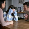 Father yelling at a dinner table with wife and daughter