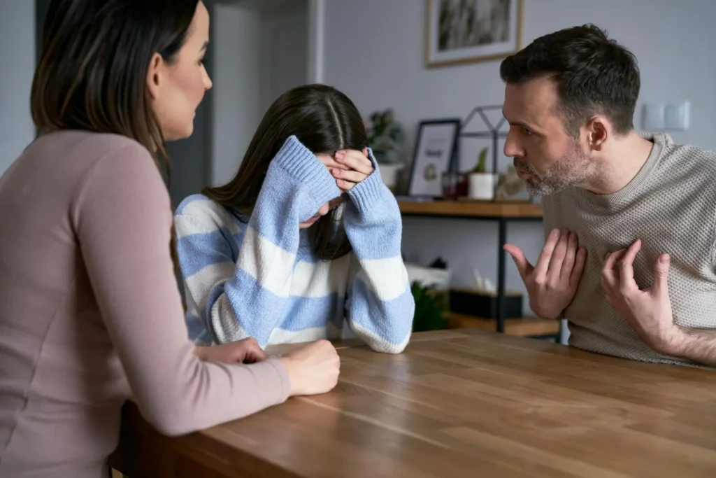 Father yelling at a dinner table with wife and daughter