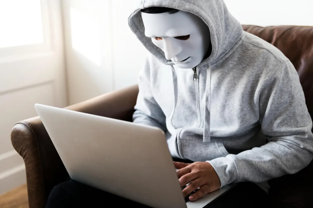 Hacker in a mask and hoodie at a computer