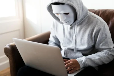 Hacker in a mask and hoodie at a computer
