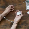 Someone in handcuffs holding a small bag of drugs