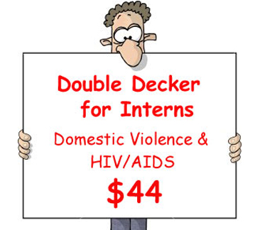Man holding sign that says Double Decker for Interns