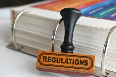 Regulations stamp sitting on top of a pile of papers