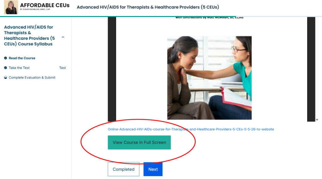 Screenshot showing the View Course in Full Screen button 
