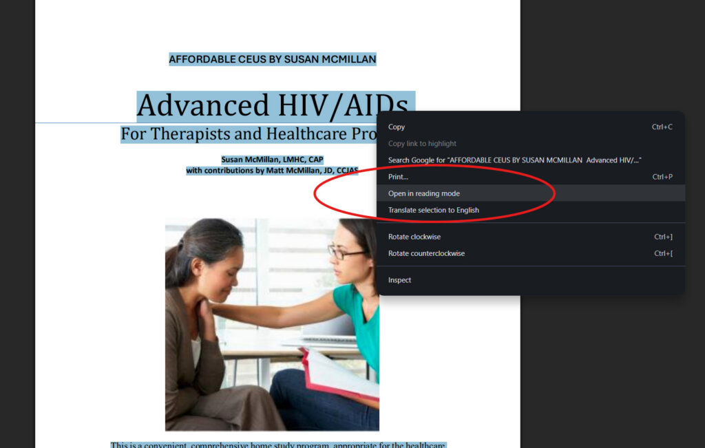 Screenshot showing the "Reading Mode" menu on right click when using Chrome