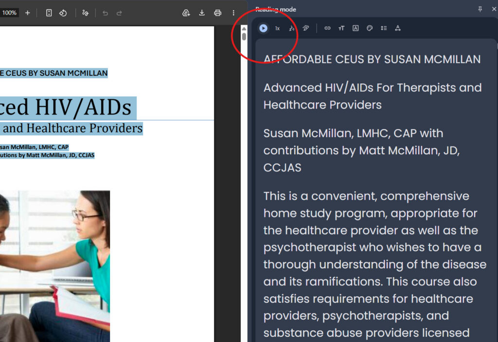 Screenshot showing how Reading Mode in Chrome looks on a course