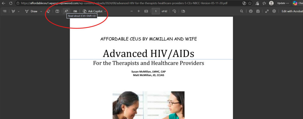 Screenshot showing the button to click for the Read Aloud accessibility feature in Edge
